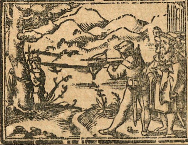 Gravura da edição impressa do Urner Tellenspiel de 1657 mostrando Guilherme Tell atirando uma flecha numa maçã sobre a cabeça do filho amarrado a uma árvore, com paisagem alpina ao fundo