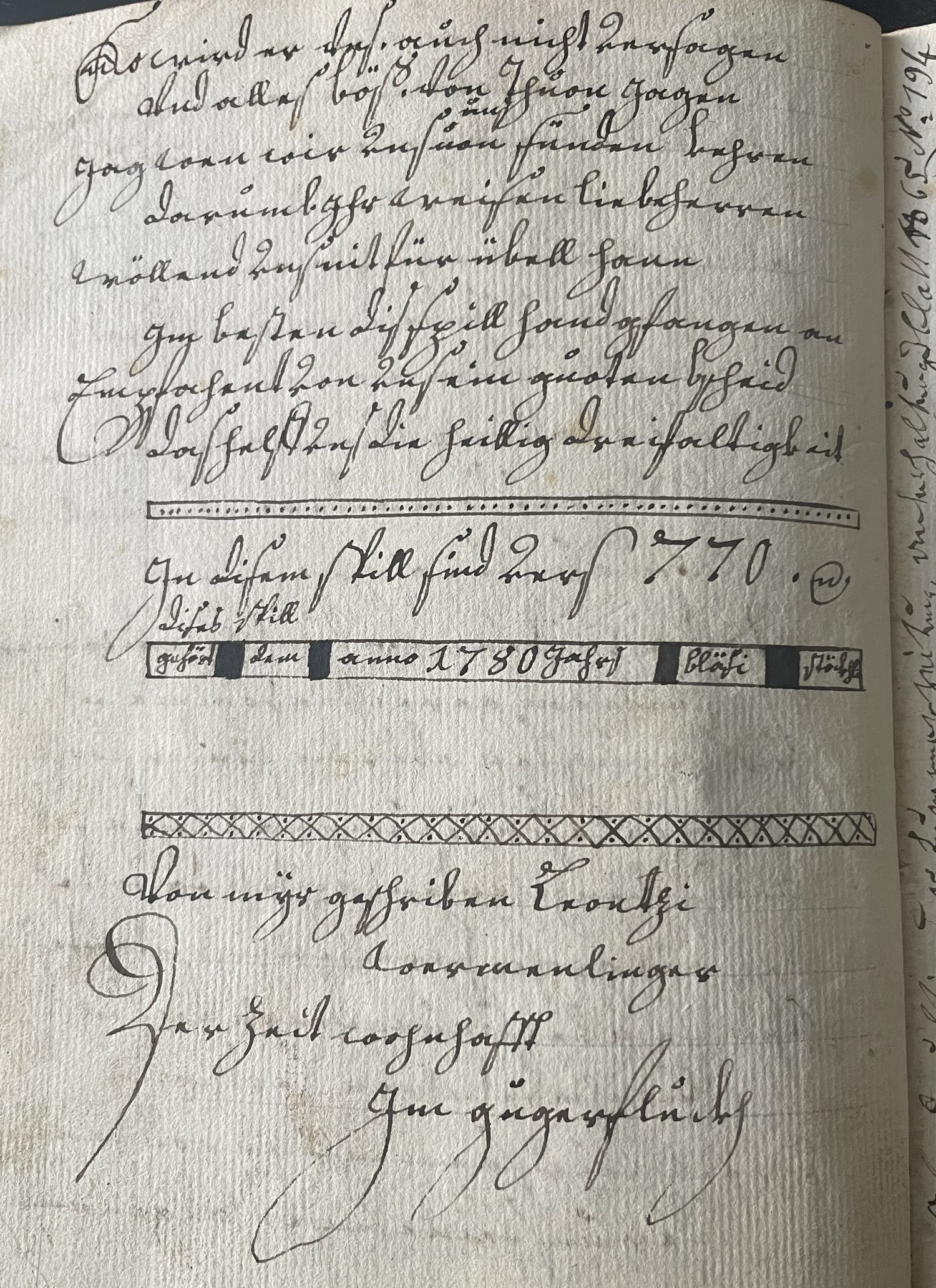 Página final do Wilhelm Tell mostrando o registro dos 770 versos, o nome do proprietário Bläsi Stöckhli, e a assinatura Von mÿr geschriben Leontzi Wermenlinger der Zeit wohnhafft Jm Gugerfluckh